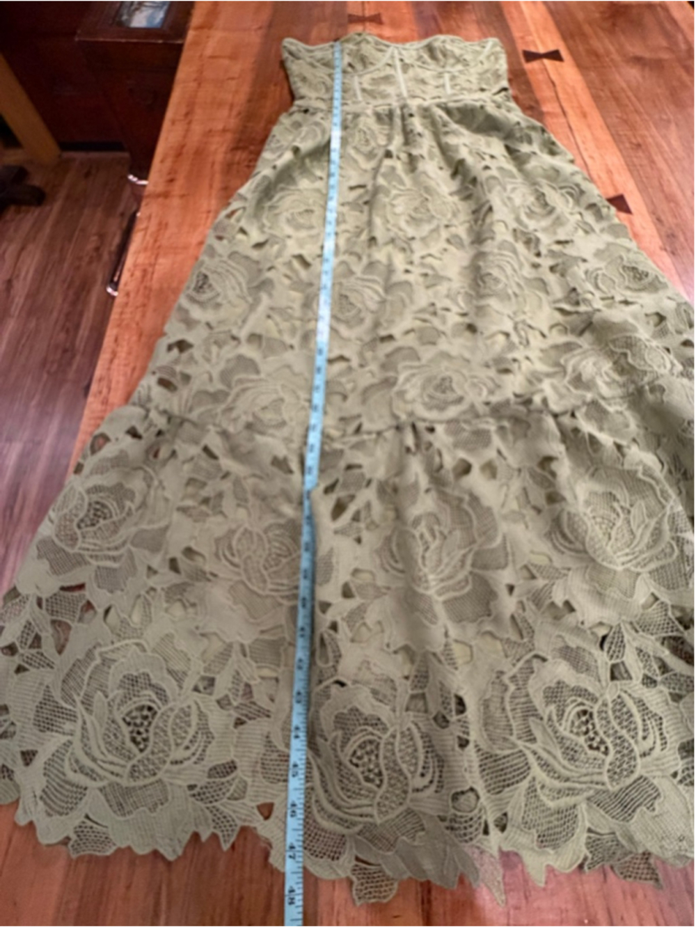 Glam Sage Green Lace Corset Maxi Dress Strapless Cutout Crochet Floral XL Summer - Picture 9 of 11